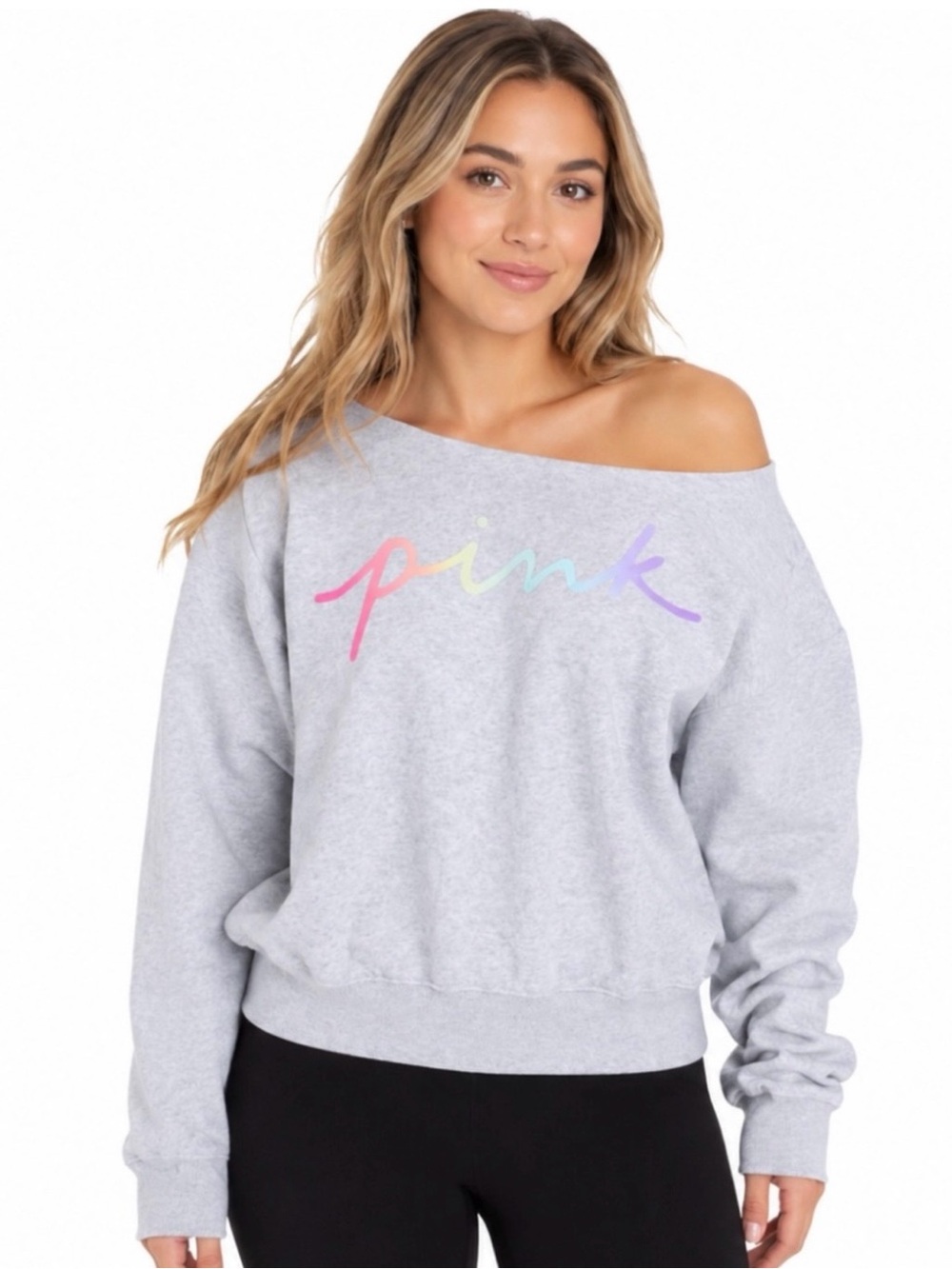 VICTORIA'S SECRET PINK Rainbow Logo Gray Off the Shoulder Sweatshirt Sz. Small‎